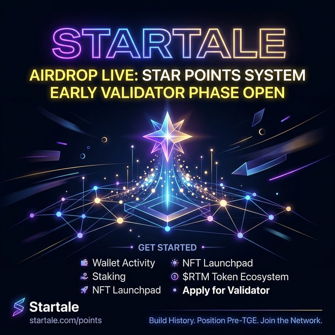 STARTALE advertisement announcing 'AIRDROP LIVE: STAR POINTS SYSTEM, EARLY VALIDATOR PHASE OPEN' featuring a colorful star graphic, with features including Wallet Activity, Staking, NFT Launchpad, and $RTM Token Ecosystem at startale.com/points.