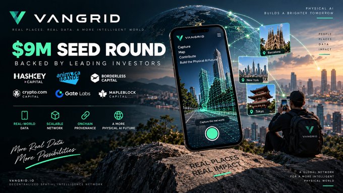 Vangrid $9M seed round announcement banner backed by Hashkey, Animoca Brands, Borderless Capital, and others, promoting their decentralized spatial intelligence network.