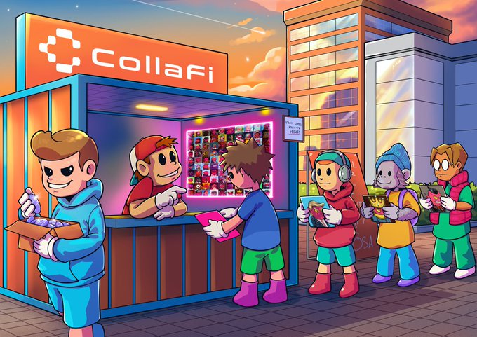 A vibrant cartoon-style illustration shows a "CollaFi" kiosk with a red-capped character serving various animated people holding items like a snake, envelope, pizza, and clipboard in an urban setting.