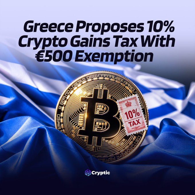 A golden Bitcoin coin rests atop a draped Greek flag, stamped with a red "10% TAX" seal, beneath the headline "Greece Proposes 10% Crypto Gains Tax With €500 Exemption." The image visually reinforces the news of Greece's draft bill to impose a reduced tax rate on crypto profits, highlighting the new €500 exemption and lower 10% rate compared to earlier proposals.