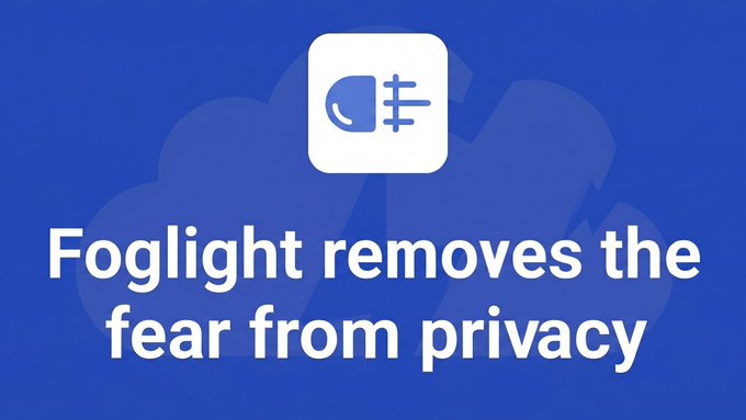 The image features a blue sign with white text that reads "Foglight removes the fear from privacy" against a gray background. The sign appears to be promoting Foglight, an app designed for Ethereum users to protect their privacy online. The message emphasizes the importance of privacy and how Foglight can help achieve it by removing the fear associated with sharing personal information on the internet.