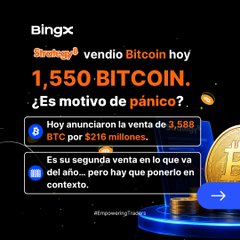 A Bingx promotional graphic in Spanish stating '¡Bingx! vendió Bitcoin hoy 1,550 BITCOIN. ¿Es motivo de pánico?' referencing an announcement of 3,568 BTC sale for $216 million.