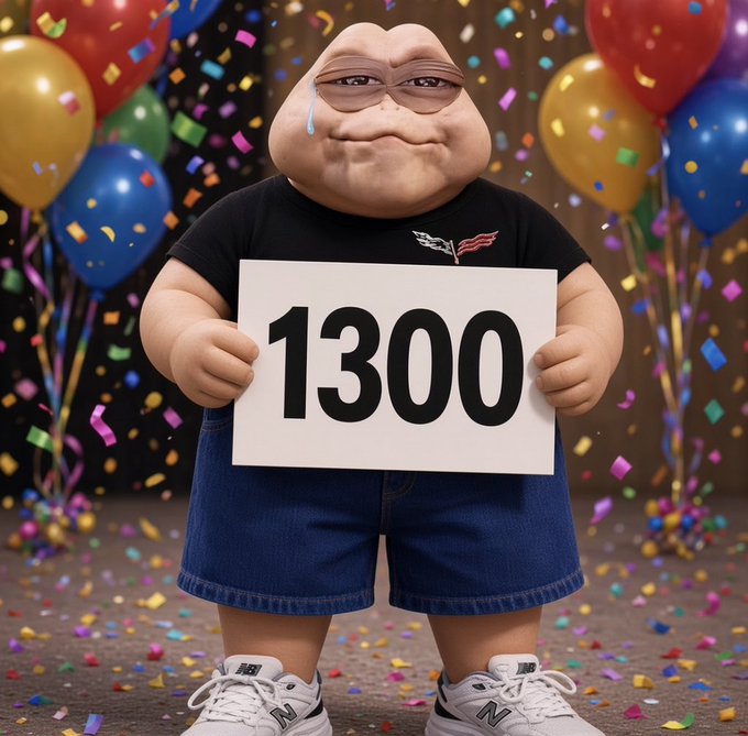 A crying-joy "Forever Alone" meme character celebrates holding a sign reading "1300" amid balloons and confetti, visually commemorating @hastingsstacks hitting the 1,300 follower milestone.