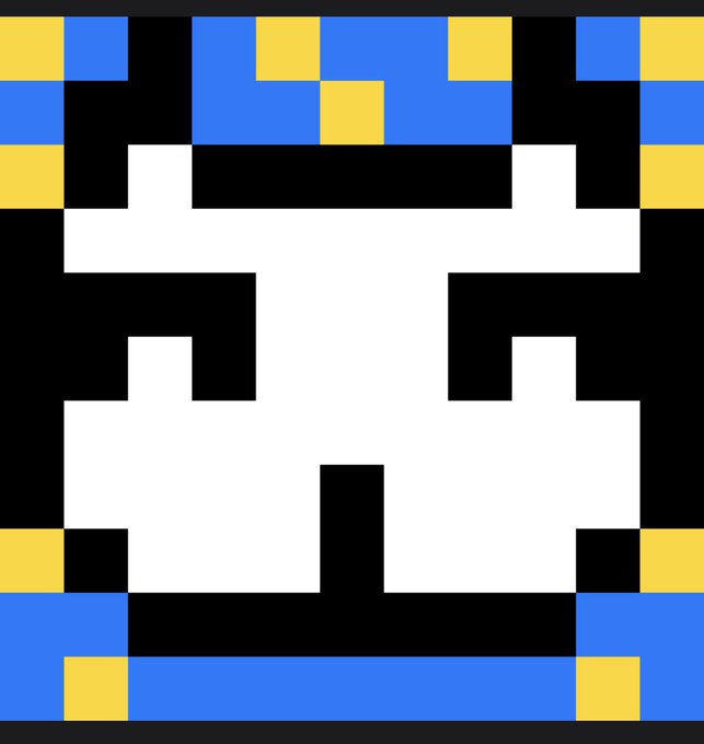 A pixel art image depicting a symmetrical abstract design with blue, yellow, black, and white blocks forming a central white shape.