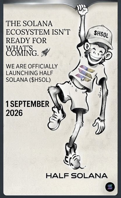 A promotional poster for 'HALF SOLANA ($HSOL)' with the text 'THE SOLANA ECOSYSTEM ISN'T READY FOR WHAT'S COMING' and a launch date of '1 SEPTEMBER 2026'.