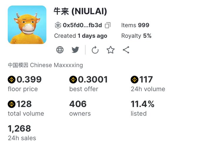 An NFT collection page for 牛来 (NIULAI) showing a yellow cow character with statistics including 999 items, 5% royalty, 0.399 floor price, and 406 owners.
