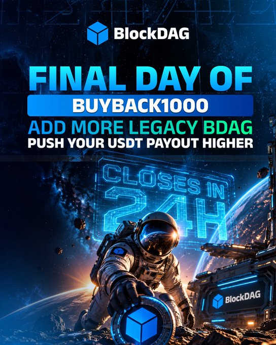 A BlockDAG promotional graphic features an astronaut floating in space holding a BDAG cube against a cosmic backdrop, with a neon "Closes in 24H" sign. Bold text announces the "FINAL DAY OF BUYBACK1000," urging users to add more Legacy BDAG and push their USDT payout higher before the code expires.
