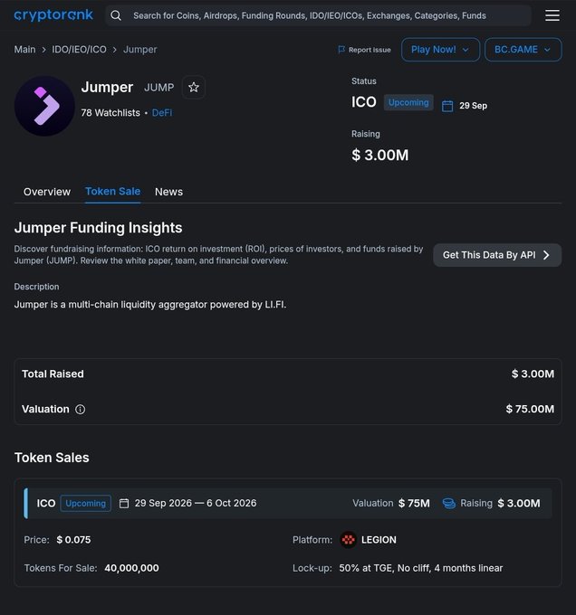 CryptoRank webpage for the 'Jumper' (JUMP) DeFi token, showing ICO status as Upcoming on 29 Sep, raising $3.00M at a $75.00M valuation, priced at $0.075 with 40,000,000 tokens for sale on the LEGION platform.