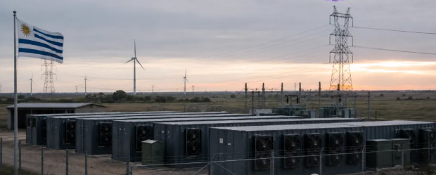 An industrial facility with a row of cooling units, set against a landscape of wind turbines and power lines, with the Uruguayan flag flying in the foreground at dusk.
