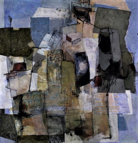 An abstract mixed-media collage artwork featuring geometric shapes in blue, brown, white, and black tones, with collage elements and black ink lines.