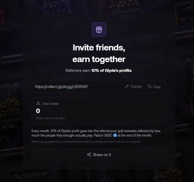 A referral program interface for Glyde invites users to earn together, displaying a personalized link (https://collect.glyde.gg/r/JEREMY) where referrers earn 10% of Glyde's profits split monthly in USDC. The dashboard shows zero total invitations and encourages sharing via X to begin earning rewards.
