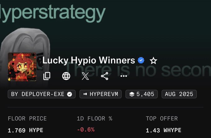 The image shows a Hypers strategy profile for "Lucky Hypio Winners" (verified), created by deployer-exe on HyperEVM, with a floor price of 1.769 HYPE, down -0.6% in 1 day, and a top offer of 1.43 WHYPE. This relates to the post by demonstrating an NFT collection on Hyperliquid's Hypio platform, highlighting a notable holding despite the recent decline in floor price.