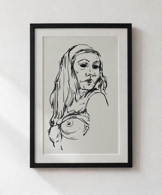A framed black-and-white ink sketch drawing depicting a stylized portrait of a young woman with long hair, hanging on a white wall.