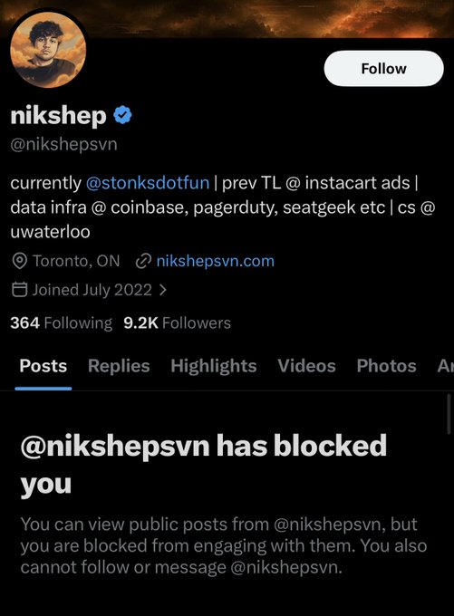 A Twitter/X profile page for Nikshep (@nikshepsvn), currently at @stonksdotfun and previously at Instacart ads with a CS background from UWaterloo, showing 9.2K followers and a notification that @nikshepsvn has blocked the viewer. The blocking notification aligns with the post's callout, as Nikshep appears to be blocking critics of his alleged rugging history.