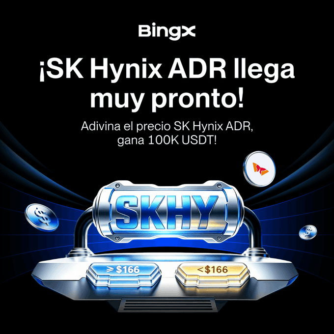 A BingX promotional graphic for SK Hynix ADR with the Spanish text '¡SK Hynix ADR llega muy pronto!' and 'Adivina el precio SK Hynix ADR, gana 100K USDT!', featuring a 3D capsule labeled 'SKHY' above buttons for '>= $166' and '< $166'.