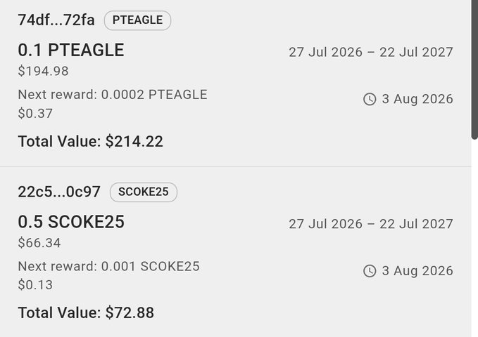 A screenshot showing staking positions of 0.1 PTEAGLE (valued at $194.98) and 0.5 SCOKE25 (valued at $66.34), with total values of $214.22 and $72.88 respectively, both earning rewards starting 3 Aug 2026 — illustrating the user's precious metals staking holdings promoted in the post.