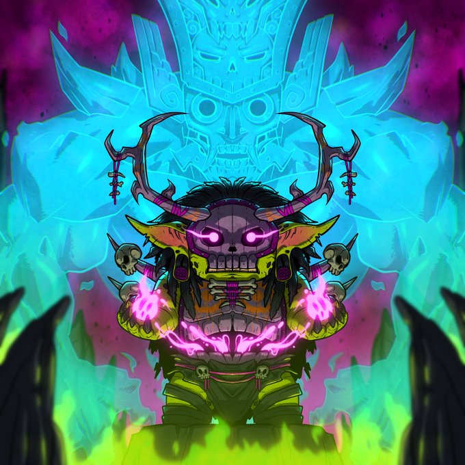 A vibrant digital illustration of a shamanic figure with antlers and a glowing pink mask, wearing a feathered outfit, set against a glowing cyan Aztec-style deity background.