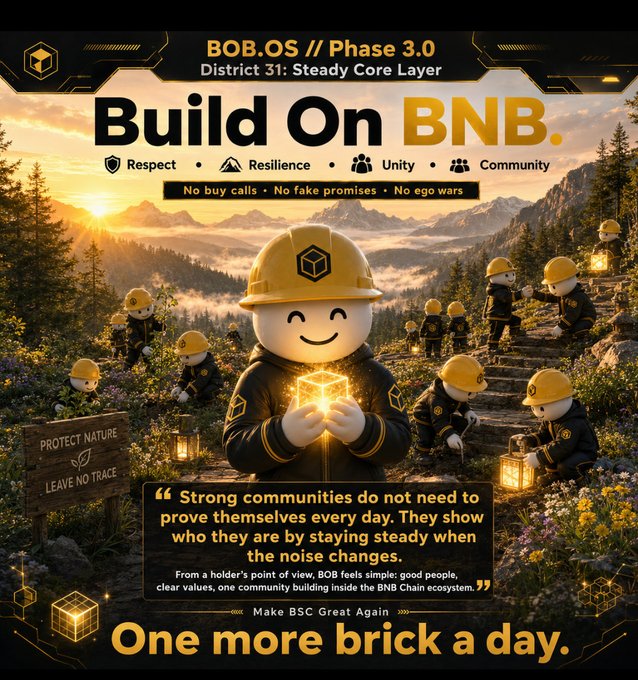 A promotional graphic for "BOB.OS // Phase 3.0 - District 31: Steady Core Layer" features cartoon construction workers in yellow hard hats tending to a mountainous landscape at sunrise, with one central figure holding a glowing golden cube. Key text includes "Build On BNB," core values like "Respect," "Resilience," "Unity," and "Community," the tagline "No buy calls • No fake promises • No ego wars," and the slogan "One more brick a day," which reinforces the post's message about steady, consistent community-building within the BNB ecosystem.