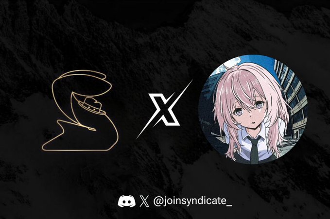 A promotional graphic featuring a gold line-art ninja logo crossed with an anime-style girl avatar, with social handles '@joinsyndicate_' for Discord and X displayed at the bottom.