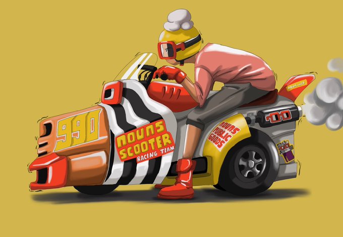 Colorful cartoon illustration of a scooter racer wearing a chef-style helmet, riding a race vehicle with the number 90 and 'NOUNS SCOOTER RACING TEAM' branding on a yellow background.