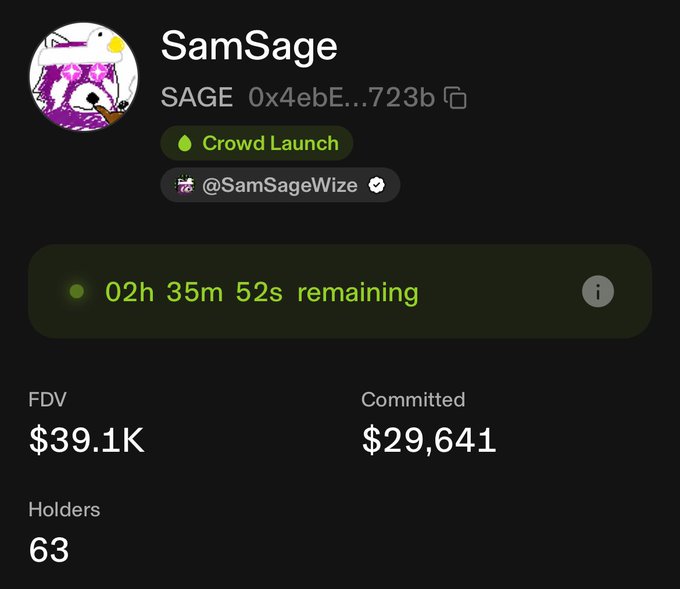 A mobile screenshot of a token launch page for 'SamSage' (ticker SAGE), showing a Crowd Launch tag, 02h 35m 52s remaining, an FDV of $39.1K, $29,641 committed, and 63 holders.