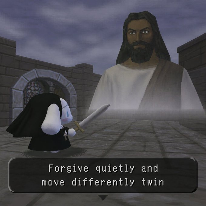 A chibi-style character in a black hooded robe wields a sword while facing a large, bearded Jesus-like figure in a stone courtyard, with dialogue text reading "Forgive quietly and move differently twin" at the bottom.