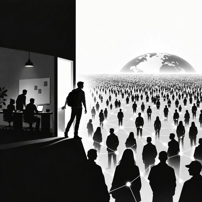 A black and white illustration showing a person standing at a doorway looking out at a massive crowd of silhouetted figures connected by network lines, with a globe in the background.