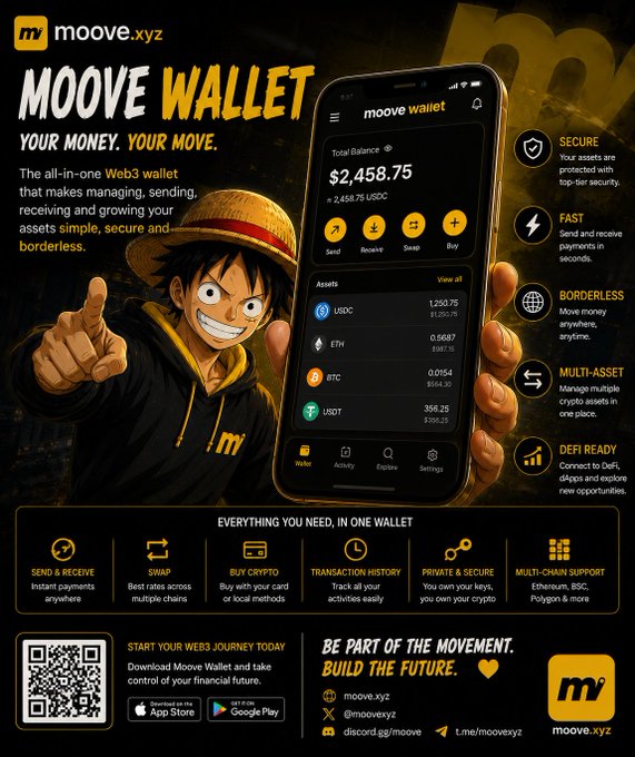 The image features an advertisement for a wallet app called @moovexyz Wallet. The main focus of the image is a cell phone with the wallet app displayed on its screen. The background of the image is black, which contrasts with the yellow text that reads "MOVE YOUR MONEY". The post also includes a QR code and social media sharing buttons for users to share their experience with the app or follow it on social media platforms.