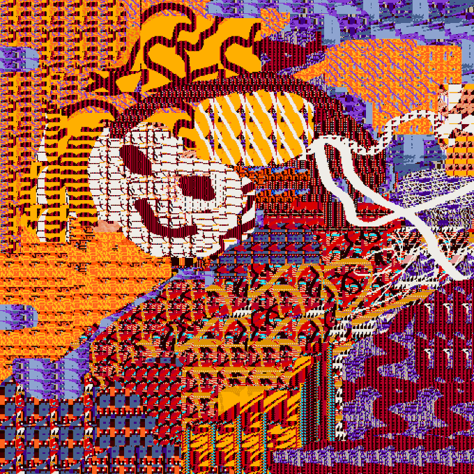 A vibrant, abstract digital artwork with a pixelated, mosaic-like composition in bold oranges, purples, and reds, visually echoing the phrase "classic HK" (short for "humankernel") referenced in the post teasing an Objkt.com NFT drop.