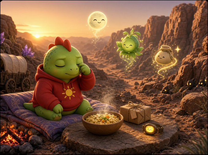 A whimsical scene of a small green dragon wearing a red hoodie resting on a cushion in a desert landscape at sunset, surrounded by a bowl of food, a wrapped gift, a glowing watch, and floating smiling magical creatures.