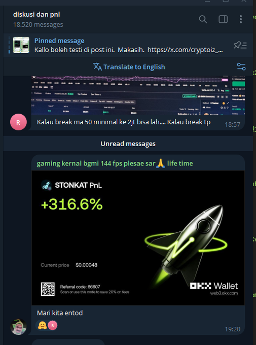 A Telegram chat screenshot shows messages in Indonesian discussing cryptocurrency trading, including a promotional graphic for 'STONKAT PnL' showing a '+316.6%' gain.