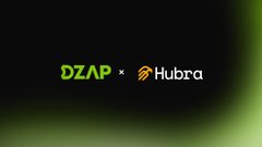 A dark image with green corner accents showing the text 'DZAP × Hubra' in the center.