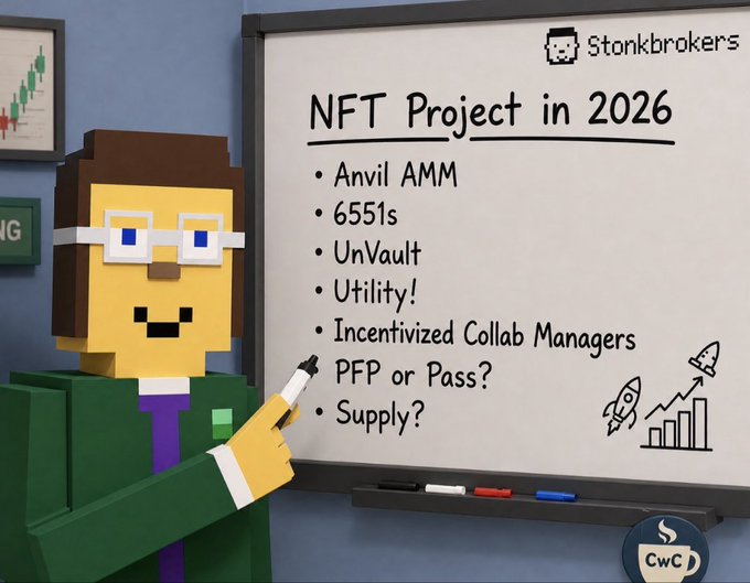 A pixel art scene of a character in a green suit pointing to a whiteboard titled 'NFT Project in 2026' listing items like 'Anvil AMM', '6551s', 'UnVault', and 'Utility!', with 'Stonkbrokers' written at the top and a 'CwC' coffee cup logo.