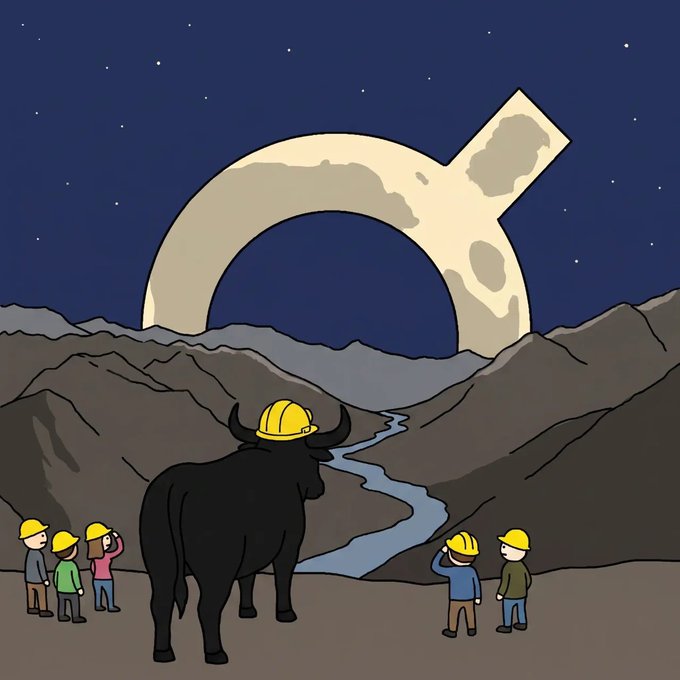 A black bull wearing a yellow construction hardhat stands before miners in helmets gazing up at a massive crescent moon on a lunar landscape, symbolizing a bullish "Ore" investor ready to excavate moon-sized mining profits.