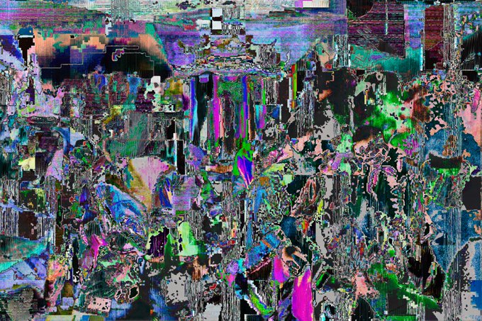 An abstract, heavily distorted digital image with glitch-like effects in vibrant colors of pink, green, blue, and black.