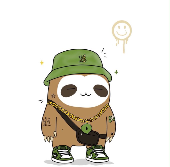 A cartoon illustration of a sloth character dressed in streetwear, including a green bucket hat, gold chain, crossbody bag, and sneakers, next to a smiley face balloon.