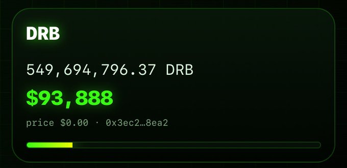 A dark-themed cryptocurrency dashboard widget displaying 'DRB' with a balance of 549,694,796.37 DRB valued at $93,888 and a contract address of 0x3ec2...8ea2.