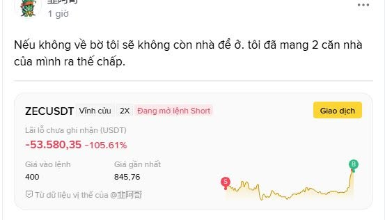 A Vietnamese social media post by '歪阿哥' with text 'Nếu không về bờ tôi sẽ không còn nhà để ở', featuring a Pionex perpetual contract showing ZECUSDT short position P&L of -53,580.35 to -105.61 USDT.