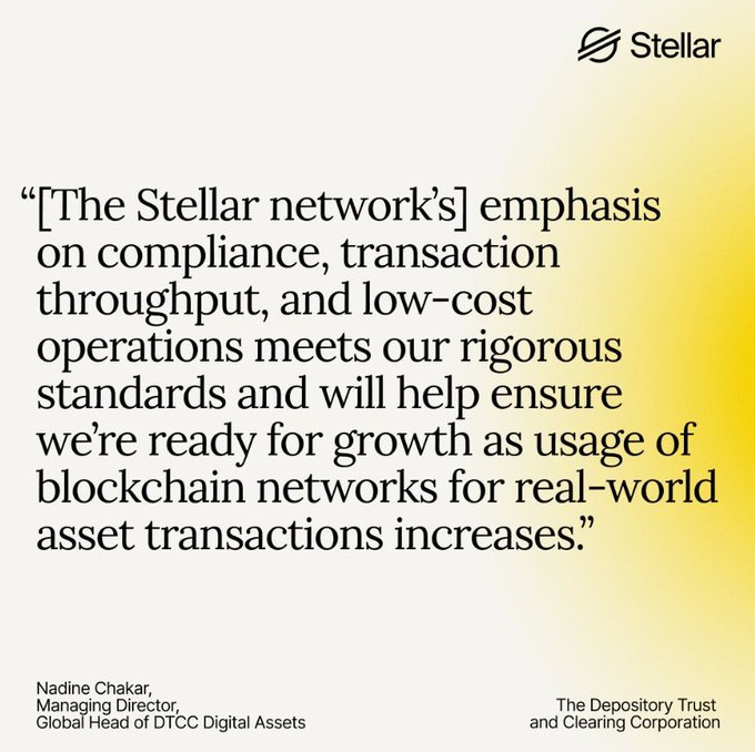 The image shows a yellow background with white text that reads "@The_DTCC states what attracted @StellarOrg to $XLM compliance, throughput, & low-cost transactions position it for the growth of RWAs." The text is written in black on a white background. It appears that the post was created by the Depot Trust and the Depository Trust Company (DTC) Digital Assets, as stated in the image caption.