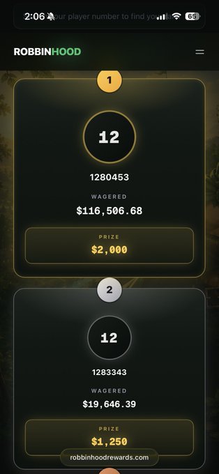 A screenshot of the Robbinhood leaderboard shows player ID 1280453 ranked #1 after wagering $116,506.68, with a $2,000 prize, while ID 1283343 is ranked #2 with $19,646.39 wagered and a $1,250 prize. The site, robbinhoodrewards.com, lets players track their positions in the advertised $5,000 SOL giveaway leaderboard.