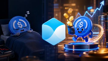 A stylized digital illustration showing a sleeping coin character in bed and an active coin character holding coins, with a blue logo between them and a rising stock chart in the background.