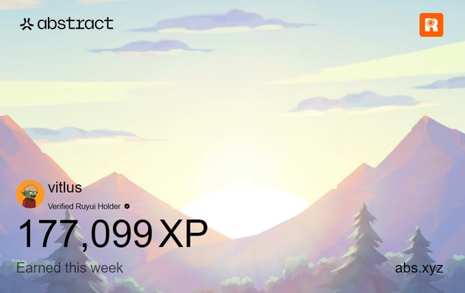 Abstract XP card for user 'vitlus' (Verified Ruyuji Holder) showing 177,099 XP earned this week, set against a pastel mountain landscape.