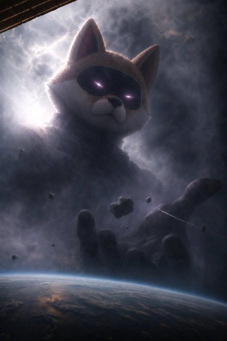 A dramatic digital artwork of a giant Shiba Inu dog wearing dark goggles, emerging from cloudy smoke above Earth, with one large hand reaching down toward the planet.