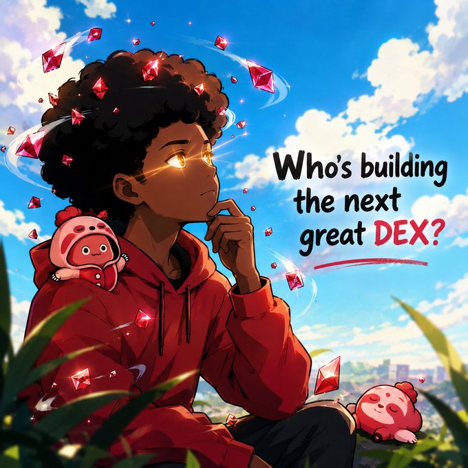 An anime-style illustration shows a young person with glowing golden eyes in a red hoodie contemplating thoughtfully, surrounded by floating red gem-like crystals and a small pink hooded creature, with the text "Who's building the next great DEX?" displayed prominently. The image visually complements the post's discussion about DEX preferences by portraying an aspiring developer imagining the future of decentralized exchanges, symbolizing the innovation and creative vision behind next-generation DeFi platforms.