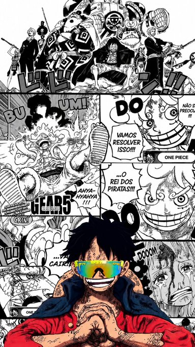 A One Piece anime themed wallpaper featuring Luffy in Gear 5 with sunglasses, overlaid with manga panels in Portuguese reading 'VAMOS RESOLVER ISSO!!!' and 'O REI DOS PIRATAS!!!'.