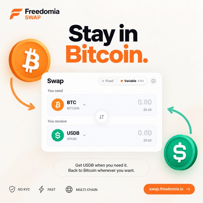 A promotional graphic for 'Freedomia SWAP' titled 'Stay in Bitcoin' showing a swap interface between BTC and USDB (SPARK), with features listed as 'NO KYC', 'FAST', and 'MULTI-CHAIN', directing users to swap.freedomia.io.