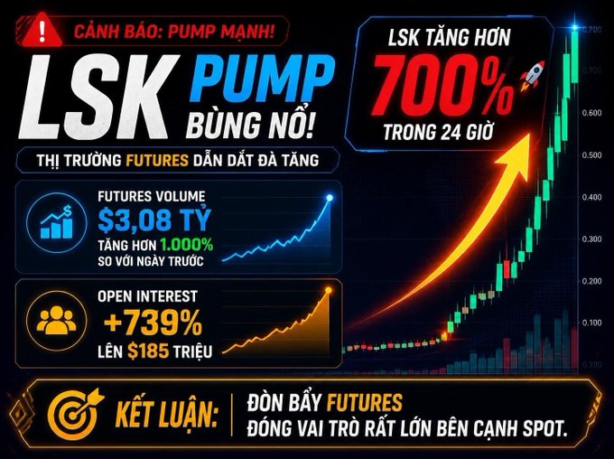 A Vietnamese cryptocurrency infographic warning 'CÁNH BÁO: PUMP MẠNH!' (Warning: Strong Pump) for LSK, showing a 700% increase in 24 hours with futures volume of $3.08 billion and open interest up 739% to $185 million.