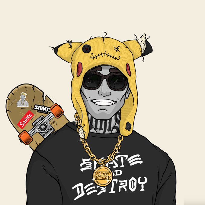 A cartoon illustration depicts a skeletal zombie character wearing a yellow Pikachu hat, sunglasses, and a gold chain with a 'Saints' medallion, holding a skateboard with 'Saints' stickers; the shirt reads 'SAINTS AND SINNERS DESTROY'.