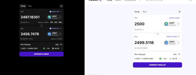 Two side-by-side screenshots of cryptocurrency exchange interfaces showing USDT to USDC swap transactions with different rates and amounts.