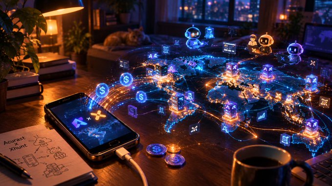 A futuristic digital illustration showing a glowing holographic world map with icons of money, AI, and technology emerging from a smartphone resting on a desk next to a notebook and coffee mug.